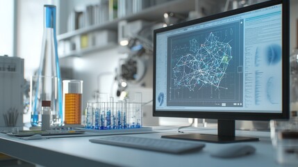 Laboratory setup with beakers, monitor displaying scientific data, white isolate background