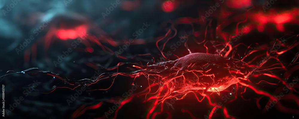 Poster Intricate red and blue abstract image depicting cellular structures pulsating with energy, perfect for scientific and artistic themes.