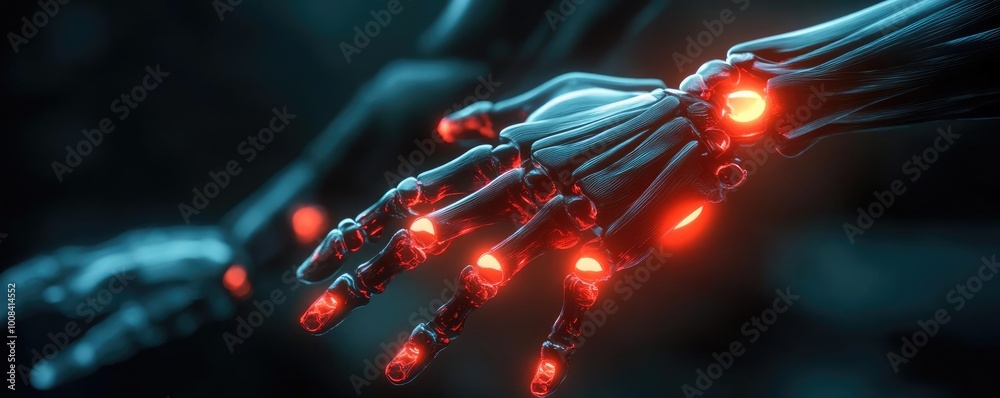 Poster futuristic robotic hands with glowing red lights, showcasing advanced technology and intricate desig
