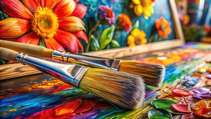 Fototapeta premium Colorful Paint Brush on Canvas Creating Artistic Designs and Vibrant Patterns in Studio Environment