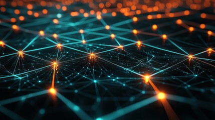 Fototapeta premium A digital landscape with 3D rendering of glowing grids and interconnected nodes, symbolizing data networks and connectivity.