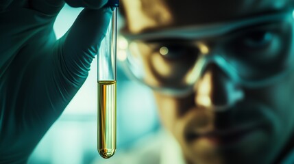 Close-up of a scientist in a lab wearing gloves and goggles, closely inspecting a yellow liquid in a test tube.
