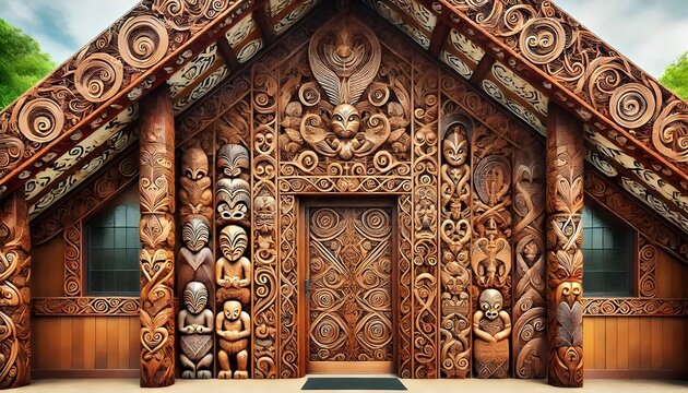 Traditional Maori carving on the intricate wooden entrance of a meeting house in Rotorua, New Zealand, with cultural patterns and symbols.