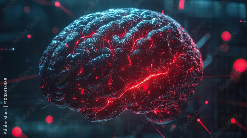 Poster futuristic digital brain with glowing red lines symbolizes artificial intelligence and technological