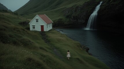 A tranquil scene featuring a solitary cottage with a red roof situated beside a cascading waterfall in a lush green landscape.