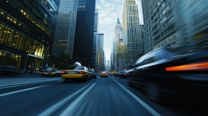 Obraz premium A dynamic shot of a car driving down a busy city boulevard, with tall skyscrapers and motion blur in the background, evoking a sense of modernity and speed.