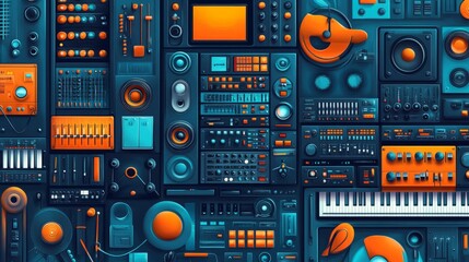 Fototapeta premium Abstract digital art of music production equipment in blue and orange.