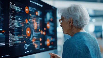 Elderly woman walking through a digital cityscape, symbolizing the evolution of pension investments silver economy, modern pension investment