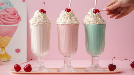 A hand picks a cherry from a milkshake in pastel glass cups on a red tray. Kawaii style and playful colors bring charm to this vintage ice cream-themed scene