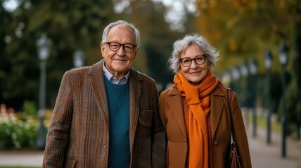 Fototapeta premium Elderly couple walking in a beautiful garden, symbolizing the peaceful results of smart retirement investments silver economy, retirement lifestyle