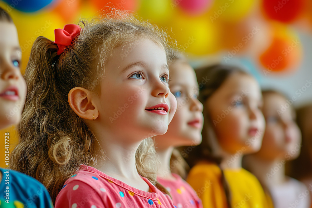 Wall mural Children’s Choir Singing at School Event with Colorful Decorations 