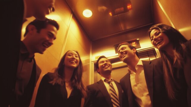 Business professionals sharing a laugh in an elevator, showcasing teamwork and office camaraderie.
