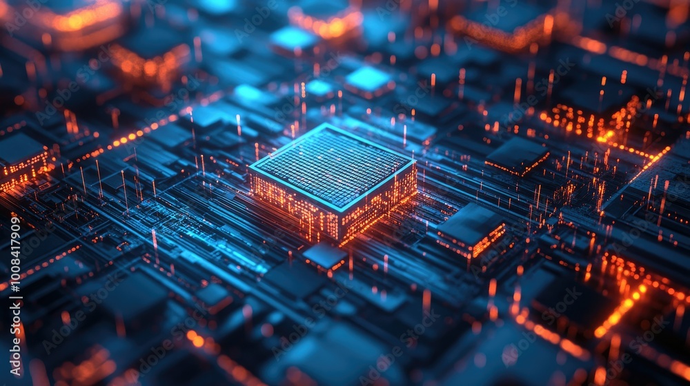 Poster a futuristic 3d fractal background with a glowing cpu symbol in perspective, representing the interc