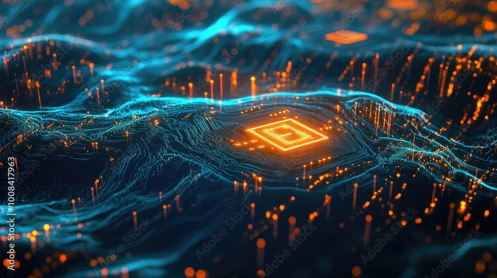 Poster a futuristic 3d fractal landscape with a glowing cpu symbol, set against a backdrop of abstract digi