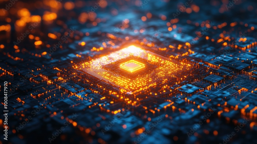 Poster a futuristic 3d fractal landscape with a glowing cpu symbol, set against a backdrop of abstract digi