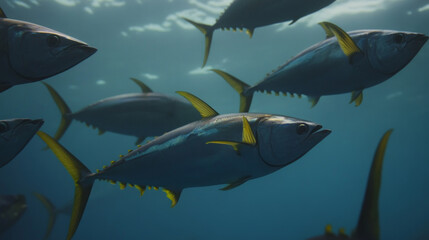 Fototapeta premium A breathtaking scene of yellowfin tuna swimming in unison underwater highlights the diversity of marine life