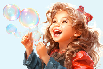 Girl blowing soap bubbles and smiling	