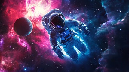 An astronaut floats in space, surrounded by a vibrant nebula.