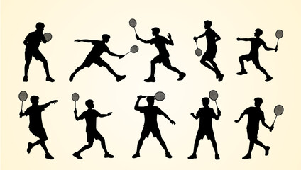 Silhouettes of badminton players in various dynamic action poses, holding rackets, representing different movements such as jumping, swinging, and serving on a light background.