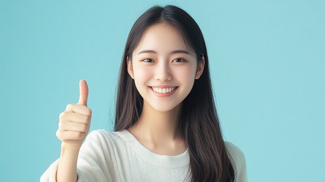 Young Asian woman smiling cheerfully while giving thumbs up on light blue background