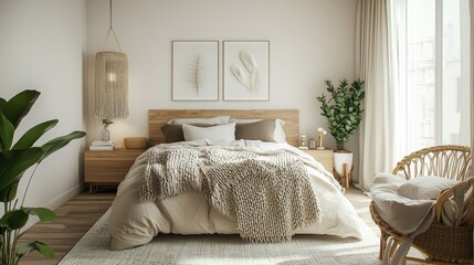 Scandinavian bedroom featuring a neutral palette, warm wood elements, and cozy textures, creating a modern yet welcoming atmosphere
