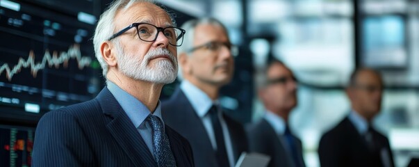 Diverse seniors at a stock exchange, symbolizing active participation in the financial market post-retirement silver economy, stock trading seniors