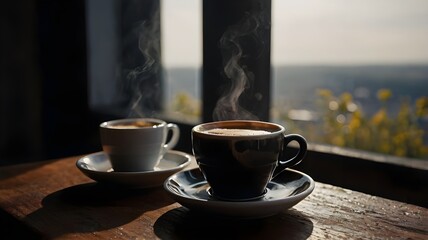 Fototapeta premium Hot cup of coffee on a table, featuring a steaming beverage, rich espresso or cappuccino aroma, perfect for a morning caffeine boost, served in a warm, cozy mug of latte