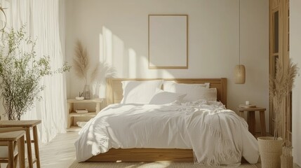 Scandinavian bedroom with a Hygge aesthetic, light wood furniture, and white linens, enhanced by soft lighting and simple decor elements