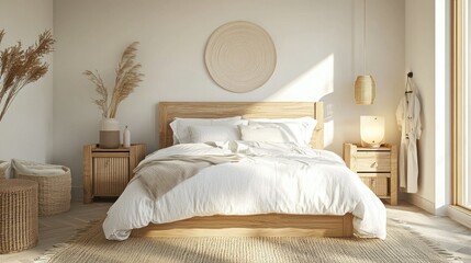 Scandinavian bedroom with a Hygge aesthetic, light wood furniture, and white linens, enhanced by soft lighting and simple decor elements