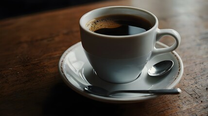 Hot cup of coffee on a table, featuring a steaming beverage, rich espresso or cappuccino aroma, perfect for a morning caffeine boost, served in a warm, cozy mug of latte