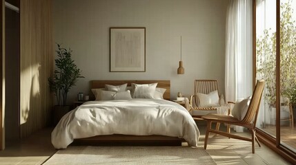 Scandinavian-style bedroom with a cozy Hygge vibe, featuring warm wooden tones, minimalistic furniture, and soft, neutral linens