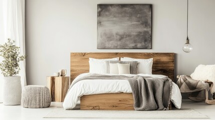 Scandinavian-style bedroom with a modern minimalist design, featuring white and grey tones, natural wood accents, and soft bedding