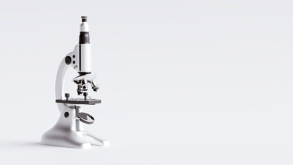 A white microscope is sitting on a white surface. The microscope is black and white, and it is the only object in the image