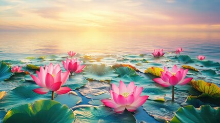Serene view of pink lotus blooms on turquoise waters as the sun rises, enhancing the natural beauty.