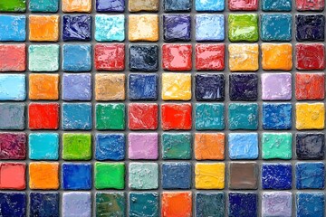 A vibrant mosaic of colorful tiles arranged in a grid pattern.