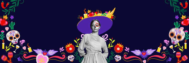 Banner. Contemporary art collage. Woman in a wide-brimmed purple hat, traditional clothing, and Day of Dead face paint poses in front of symbols like skulls and hearts. Concept of Halloween party