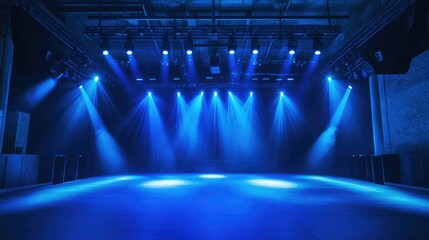 Stage illuminated with vibrant blue lighting and spotlights, empty and prepared for an event