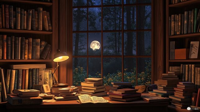 A peaceful reading nook with a cluttered desk holding a vintage lamp and scattered poetry books, a window with a view of a moonlit forest, and the gentle ambiance of a lo-fi hip-hop playlist.