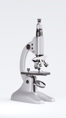 A white microscope is sitting on a white surface. The microscope is black and white, and it is the only object in the image