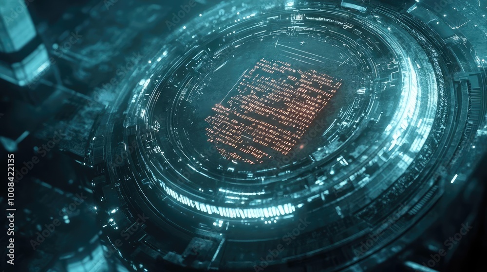 Poster Futuristic digital interface with glowing elements, showcasing advanced technology and data processing in a cybernetic environment.