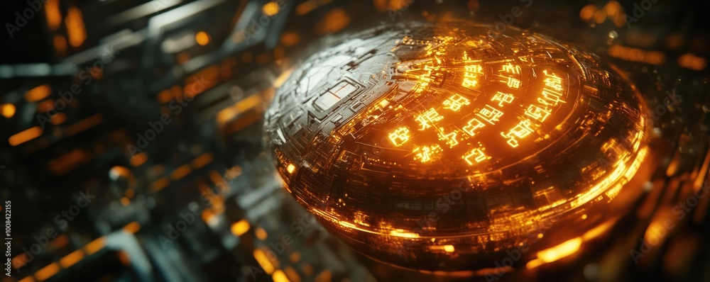 Poster futuristic technology orb with glowing elements, showcasing intricate details and a vibrant design s