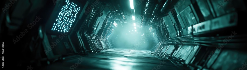 Poster A futuristic hallway illuminated by soft blue lights, creating a mysterious and immersive atmosphere in a sci-fi environment.