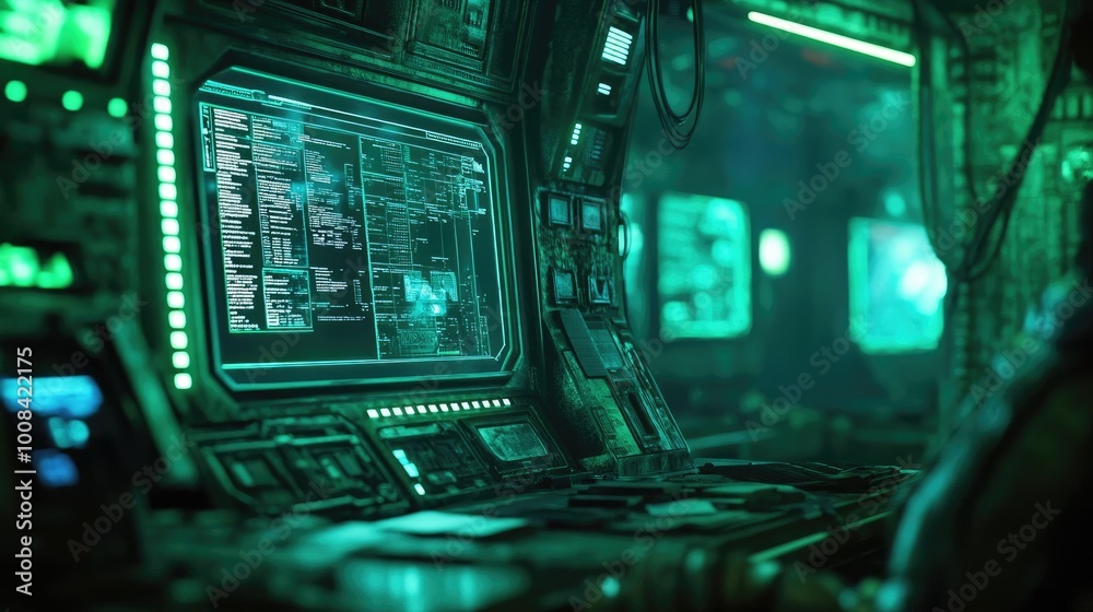 Poster Futuristic control room with green screens displaying complex data. Ideal for technology and sci-fi themes.