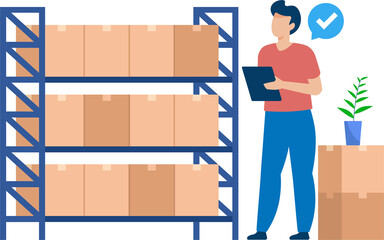 Warehouse Worker Checking Packages on Shelves. Efficient Inventory Management. PNG image. Illustration