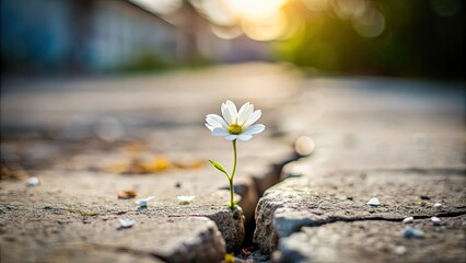 A delicate white flower breaks through a crack in the street, captured in soft focus, allowing ample blank space for an inspiring text overlay.