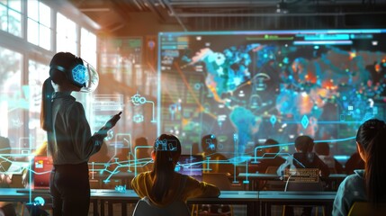 A high-tech classroom where a teacher and an AI-driven educational tool are collaborating with students