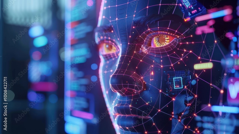 Wall mural a high-tech screen displaying a 3d-rendered ai face with dynamic expressions and digital features
