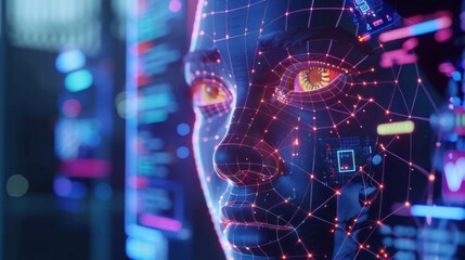 A high-tech screen displaying a 3D-rendered AI face with dynamic expressions and digital features