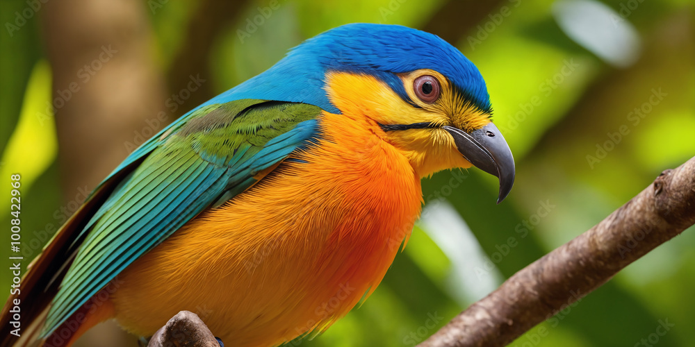 Wall mural colorful tropical bird in jungle on a sunny day. rainforest illustration with bright beautiful birdi