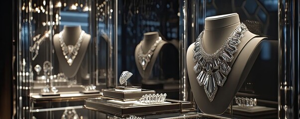 Naklejka premium Elegant jewelry display featuring stunning necklaces and rings in a luxurious showcase, perfect for inspiration and admiration.